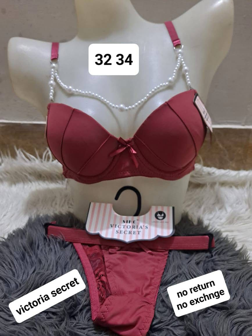 BLS Luxe Rosewood Bra & Thong Set - Beaded Straps & Padded Cups