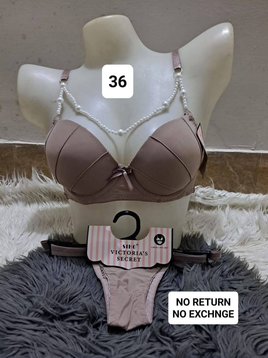 BLS Luxe Rosewood Bra & Thong Set - Beaded Straps & Padded Cups