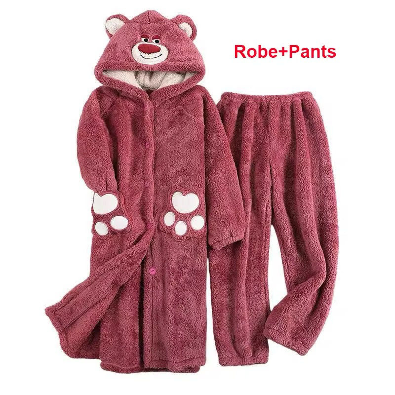Pink children's robe and pants set with bear design on a white background