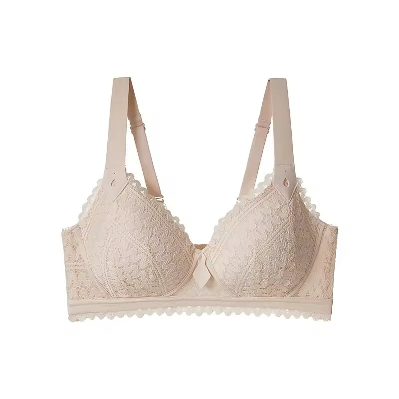 Beige bra with lace details on a white background