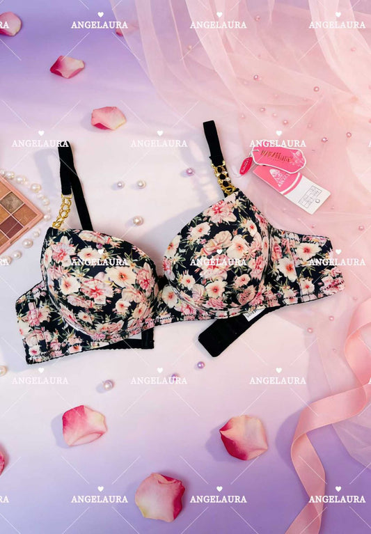 Floral bra and panties set with 'ANGELAURA' branding on a light pink background.