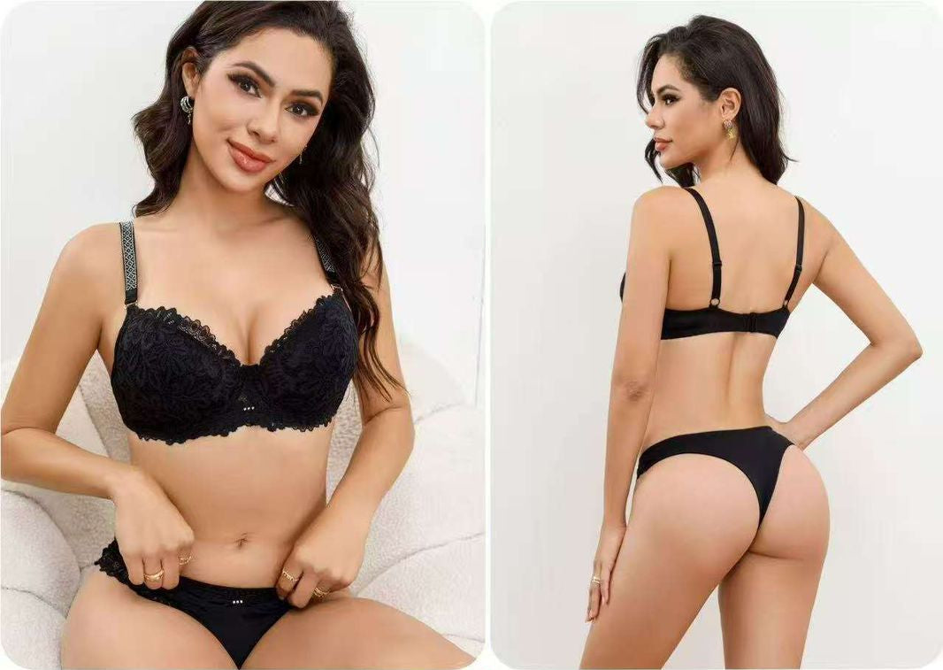 Collage of a woman wearing black lingerie with 'Angelaura' branding and product details.