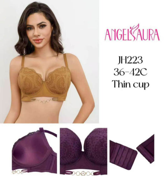 Advertisement for Angel Aura bras with a model wearing a brown bra, product details, and color options.