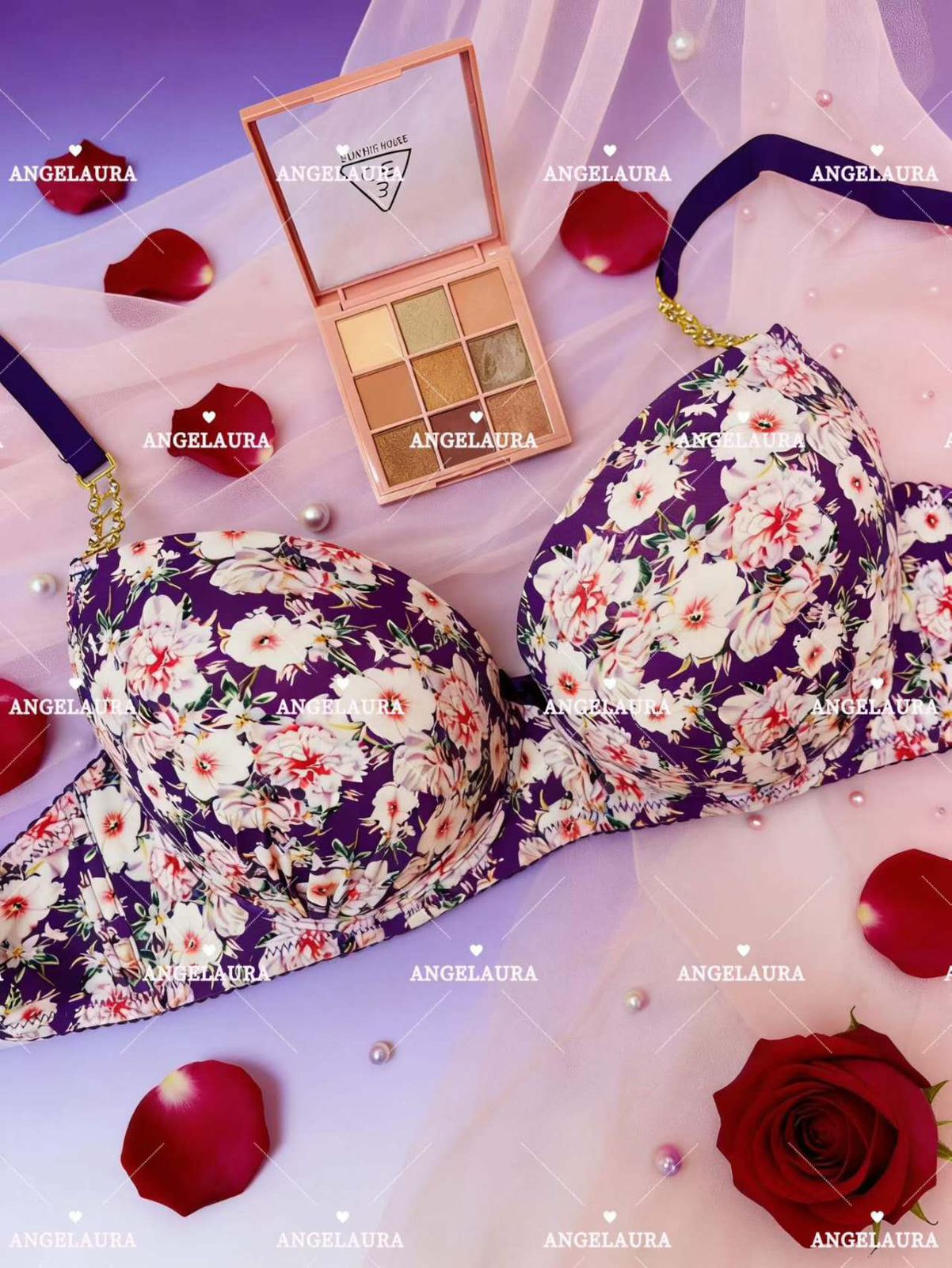 Floral bralette with makeup palette and rose petals on a branded background