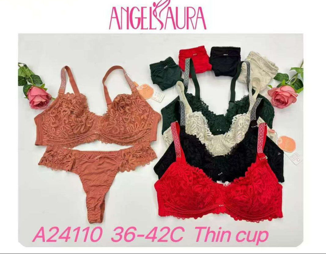 Collage of a woman wearing black lingerie with 'Angelaura' branding and product details.