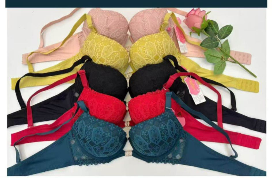 Teal lace bra with 'Angelsaura' branding, showing front and back views, and a close-up of the bra.