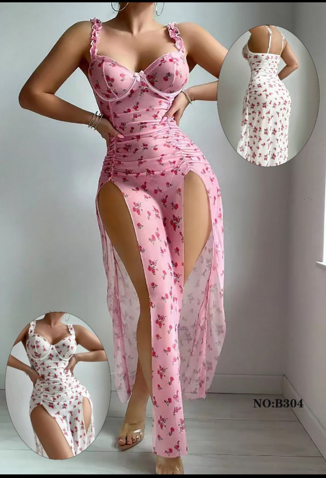 BLS Pink floral dress with a high slit on a white background