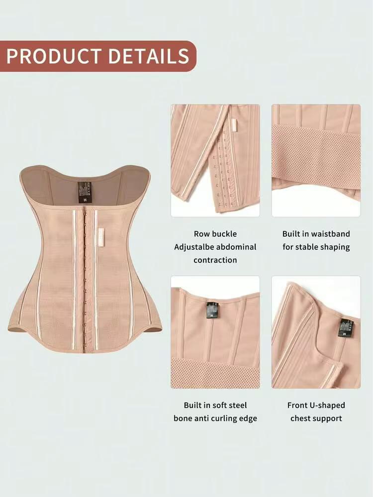Product details graphic for a beige waist trainer corset, showing the front view of the garment and four inset close-up detail shots with labeled text about the row buckle, adjustable contraction, built-in waistband, steel anti-curling edge, and U-shaped chest support.