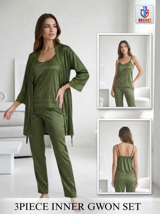 Woman wearing a green 3-piece inner gwon set with inset images of the outfit from different angles.