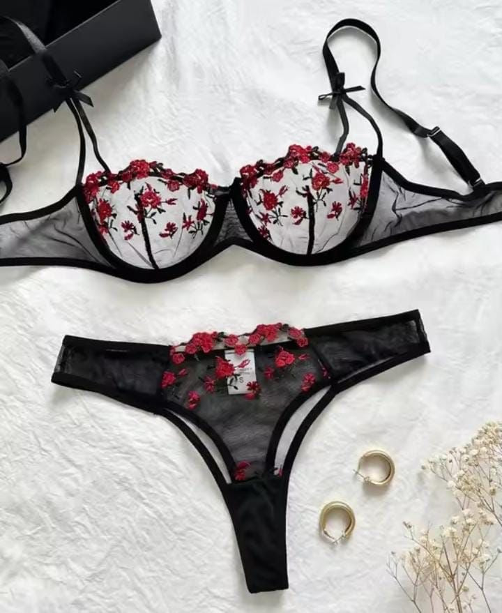 BLS "Royal-Allure" Bow Strap Lingerie Set – Floral Mesh Beauty