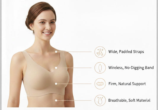 Woman wearing a beige bra with text highlighting features on a white background